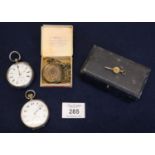 Two silver open faced pocket watches one keyless, and a metal fob watch and chain. (4) (B.P. 21% +