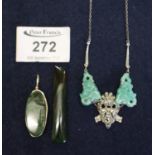 A jade pendant, another hard stone pendant with yellow metal mount, an art deco marcasite and