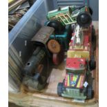 Tin plate model of a rescue fire service trick, together with a tin plate tractor and other tin