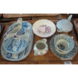 Tray of 19th century pottery to include miniature teapot, blue and white transfer printed drip trays