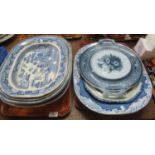 Collection of 19th century blue and white, transfer printed oval meat dishes, some with drip