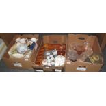 Three boxes of assorted china, glass and other items, to include coffee cans and saucers,