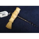 19th century ivory handled steel cork screw with bottle brush and loop. (B.P. 21% + VAT)