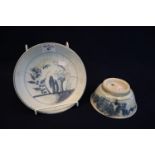 Chinese Tek Sing cargo blue and white shallow dish with foliate decoration, together with a