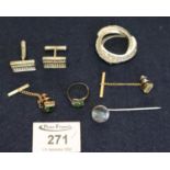 Collection of silver and costume jewellery including a pair of silver cufflinks and a green stone