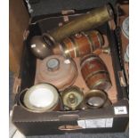 Box of items to include a pair of brass and oak coopered miniature barrels, oak and silver plated