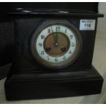 Late 19th/early 20th century black late two-train mantel clock with Arabic face. 22 cm high