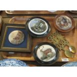 Four prattware lids in frames, one depicting cries of London, together with two similar brass