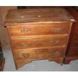 Small stained straight front chest of three drawers on bracket feet. 76 x 42 x 78 cm approx. (B.P.