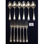 Set of six plain old English design silver dessert spoons with London hallmarks. Makers initials G.
