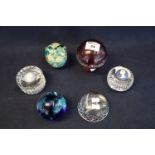 Group of 6 glass paperweights - mostly Wedgwood, two with Intaglios, and a Medina in the form of an