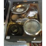 Box of assorted metalware to include a pair of brass candle sticks, silver plated tray, Middle