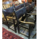 Set of eight 17th century style oak dinning chairs with leather backs and seats and brass stud