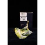 Royal Crown Derby bone china paperweight 'Green Finch' with gold stopper and original box. (B.P. 21%