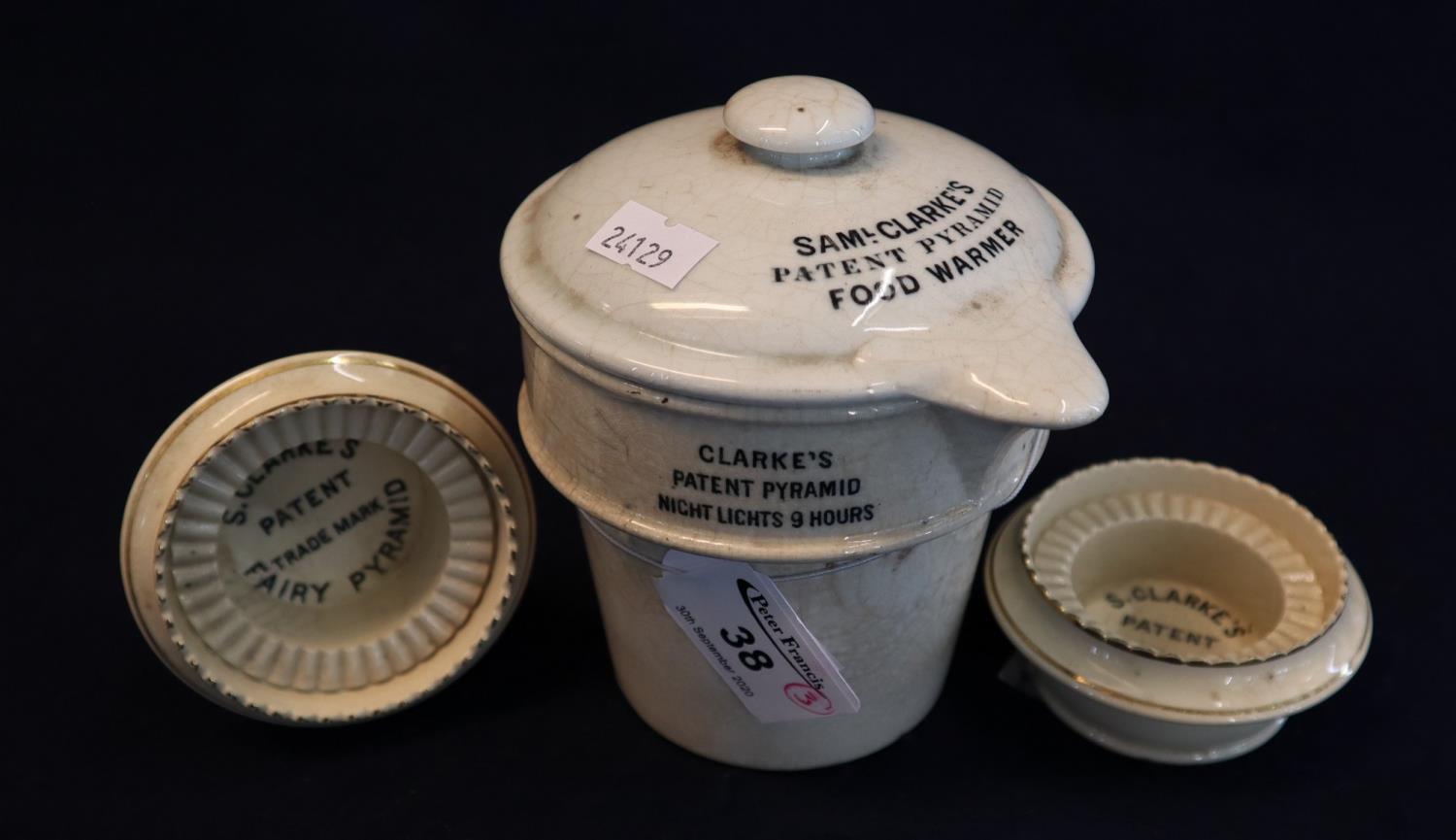 Clark's patent pottery Pyramid food warmer with cover, together with a pair of Staffordshire S.