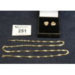 9 ct gold fine link chain and a pair of gold heart-shaped diamond set earrings. 5.4g approx. (3) (