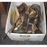 Box of mainly brassware to include cow bell, candlesticks, tumblers, kitchenalia etc. (B.P. 21% +
