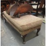 Early 20th century foliate upholstered foot stool on mahogany cabriole legs. 127 cm in length