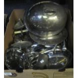 Box of metalware to include silver plated meat cover, silver plated entree dish, pewter miniature