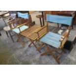 Pair of canvas folding directors-type garden chairs, together with a similar folding pierced top