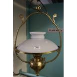 Brass hanging oil lamp with oplaline shade, now with electric fitting. (B.P. 24% incl. VAT)