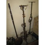 19th century copper warming pan, wrought iron standard lamp, and a wrought iron torchere stand,
