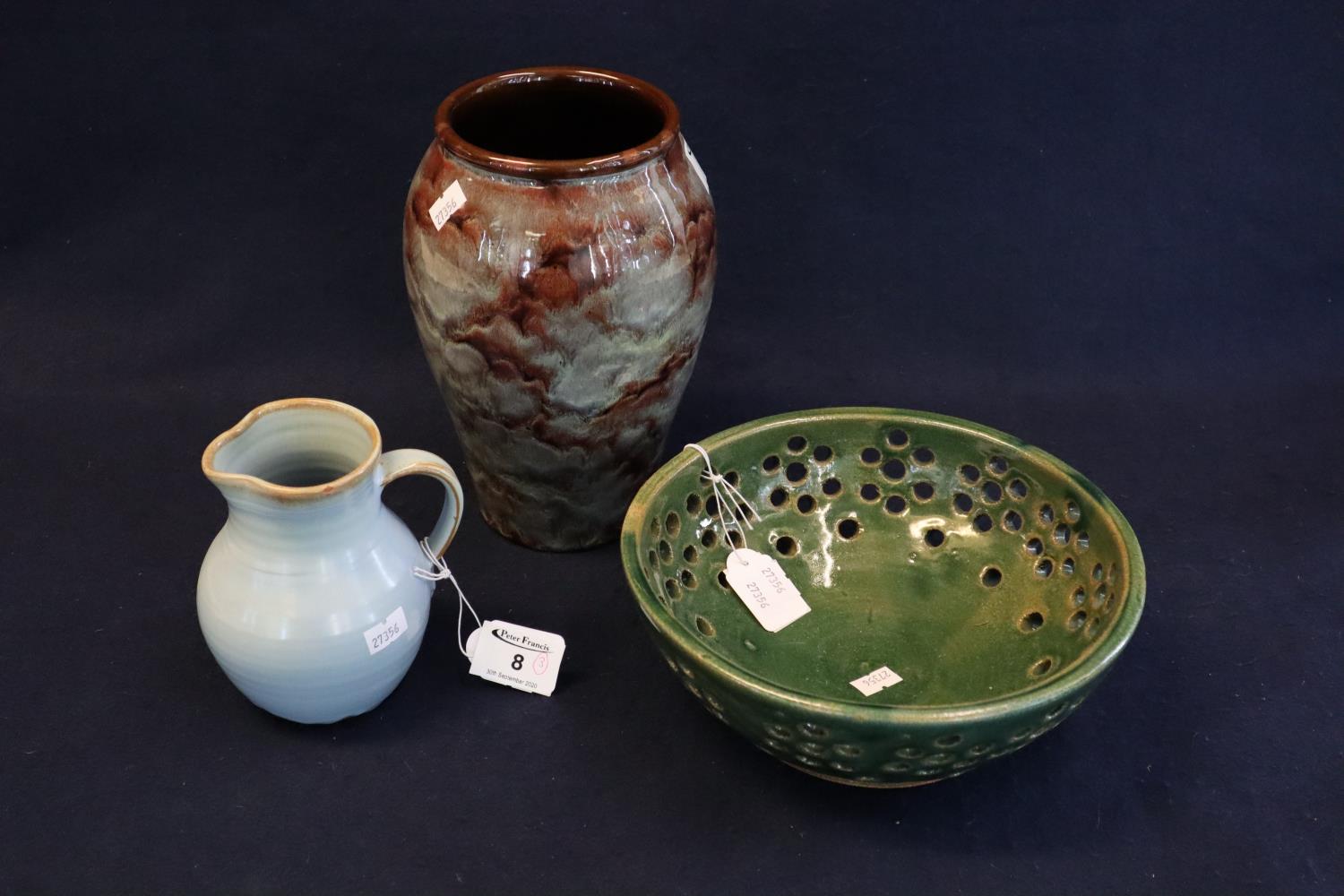 Three modern art pottery items to include Ewenny pottery brown glazed baluster vase, green ground