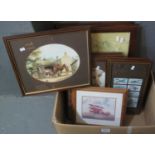 Small collection of assorted framed furnishing prints and cigarette cards, some of aviation and