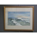 E Wyatt (British 20th century), breaking surf with distant headland, signed, water colours. 25 x