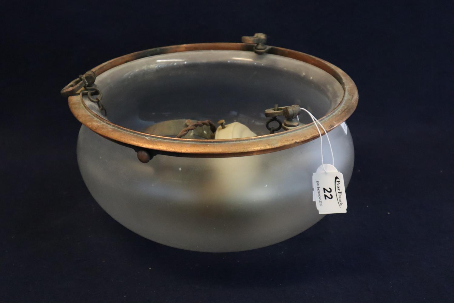 Art deco design frosted glass hanging ceiling light shade with copper finish mounts. (B.P. 21% +