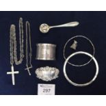 Collection of assorted silver and white metal jewellery, decanter label, napkin ring, bangles