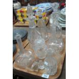 Tray of assorted glassware to include good quality cut glass decanters and stoppers, a Wrythen