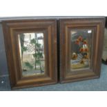 Pair of early 20th century oak framed 'gypsy' mirrors with painted and engraved decoration to the