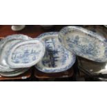 Collection of 19th century blue and white oval meat dishes, to include Asiatic pheasants,