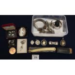 Small box of assorted costume jewellery some silver, cut throat razor, 19th century carved shell