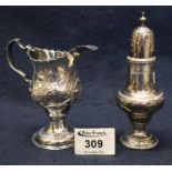 Silver Georgian design baluster shaped cream jug with card-cup edge on a pedestal base, together
