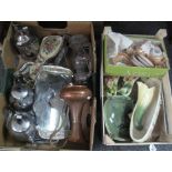 Two boxes of assorted china and metalware to include; Japanese eggshell miniature teaset, art