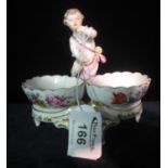 Continental porcelain condiment set or pair of salts with hand painted floral decoration and