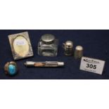 Small bag of assorted silver, silver mounted and other items including; glass inkwell, photograph
