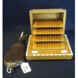 Modern Middle Eastern design inlaid folding cigarette box, together with a leather shot flask. (