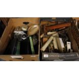Two boxes of assorted items to include; various vintage tools, planes, rulers, cased cutlery, silver