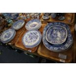 Three trays of 19th Century and other blue and white pottery items to include; willow cabinet plates