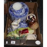 Box of assorted china and glass to include; Staffordshire 'Peking' blue and white transfer printed