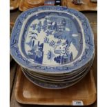Collection of 19th Century blue and white transfer printed mainly willow oval meat dishes. (7) (B.P.