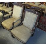 Set of eight Edwardian mahogany parlour type chairs, including one open arm carver with padded arms.