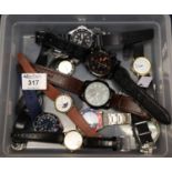 Small box of modern gentleman's watches, various styles. Mostly appearing to be working. (B.P. 21% +
