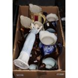 Box of assorted 19th century dresser jugs to include copper lustre, blue and white Art Nouveau