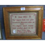 Framed tapestry sampler 'Dear Ellen' dated 1875. 23 x 26cm approx, maple frame. (B.P. 21% + VAT)