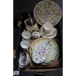 Box of china to include; Minton 'Haddon Hall' items, Aynsley commemorative loving mugs, Royal