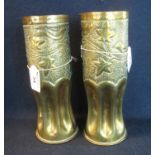 Pair of brass trench art vases made out of a shell cases, dated August 1917 and May 1915,